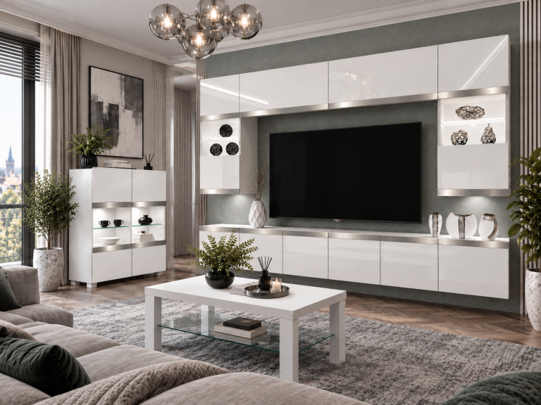 Obývací stěna Prestige 300 cm TV/RTV bílá lesk Výrobce IMP P2 Nolan 1/5/W/W/0/0/SL