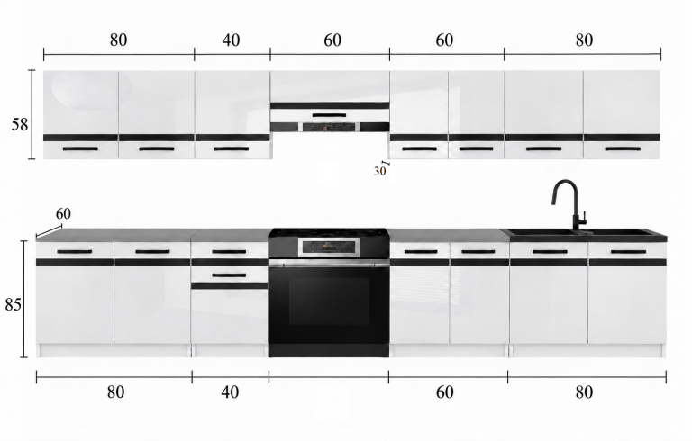 Kuchyňský nábytek Prestige 320 cm bílý lesk bez pracovní desky Výrobce INF P Vincent/0/WT/W/BB/A1/CS
