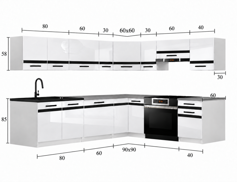 Kuchyňský nábytek Prestige 420 cm bílý lesk bez pracovní desky Výrobce INF P Gustav/0/WT/W/BB/A1/CM