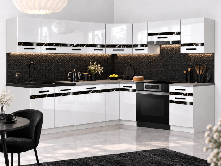 Kuchyňský nábytek Prestige 420 cm bílý lesk bez pracovní desky Výrobce INF P Gustav/0/WT/W/BB/A1/CS