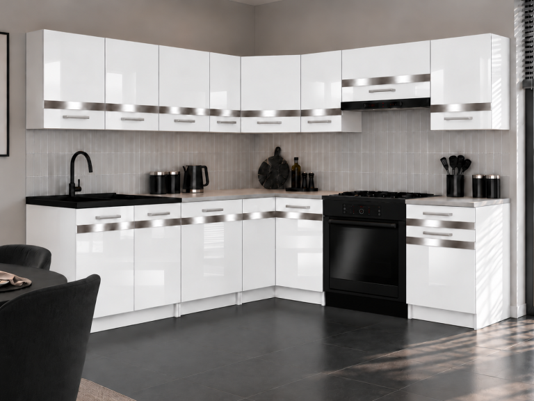 Kuchyňský nábytek Prestige 420 cm bílý lesk s pracovní deskou Výrobce INF P Gustav/0/WT/W/0/C1/SL