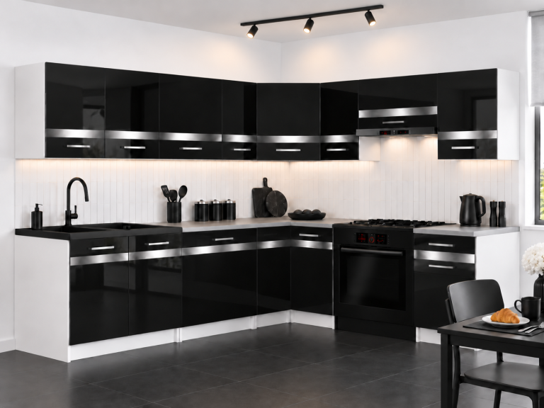 Kuchyňský nábytek Prestige 420 cm černý lesk s pracovní deskou Výrobce INF P Gustav/0/WT/B/0/C1/SL