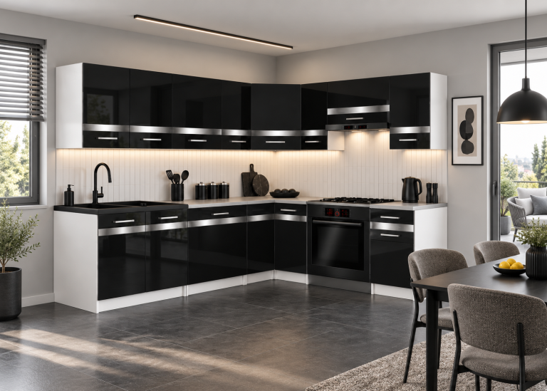 Kuchyňský nábytek Prestige 420 cm černý lesk s pracovní deskou Výrobce INF P Gustav/0/WT/B/0/C1/SL