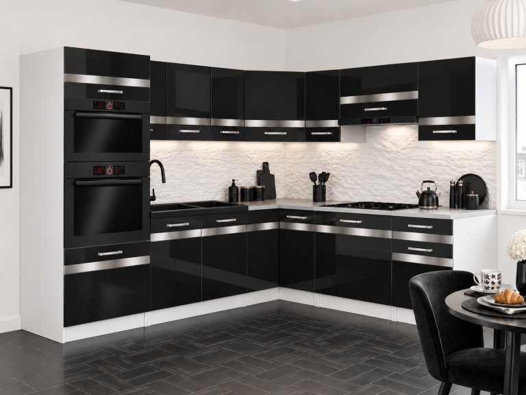 Kuchyňský nábytek Prestige 420 cm černý lesk s pracovní deskou Výrobce INF P Diego/0/WT/B/0/C1/SL
