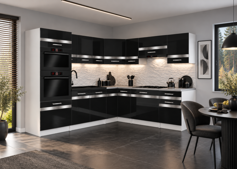 Kuchyňský nábytek Prestige 420 cm černý lesk s pracovní deskou Výrobce INF P Diego/0/WT/B/0/C1/SL
