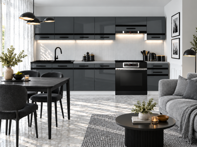 Kuchyňský nábytek Prestige 260 cm šedý lesk bez pracovní desky Výrobce INF P Frida/0/WT/S/BB/A1/CM